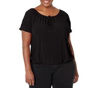 Star Vixen Women's Short/Slit Sleeve Keyhole-Tie Peasant Top Bubble Hem Blouse, Black Solid, Medium