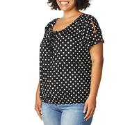 Star Vixen Women's Short/Slit Sleeve Keyhole-Tie Peasant Top Bubble Hem Blouse, Black/White Dot, Medium