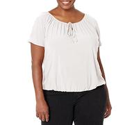 Star Vixen Women's Short/Slit Sleeve Keyhole-Tie Peasant Top Bubble Hem Blouse, Ivory Solid, Small