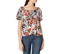 Star Vixen Women's Short/Slit Sleeve Keyhole-Tie Peasant Top Bubble Hem Blouse, Light Ground Floral, Medium