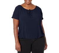Star Vixen Women's Short/Slit Sleeve Keyhole-Tie Peasant Top Bubble Hem Blouse, Navy Solid, Medium