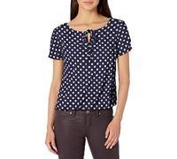 Star Vixen Women's Short/Slit Sleeve Keyhole-tie Peasant Top Bubble Hem Blouse, Navy/White Dot, Medium