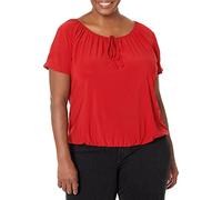 Star Vixen Women's Short/Slit Sleeve Keyhole-Tie Peasant Top Bubble Hem Blouse, Red Solid, X-Large