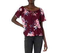 Star Vixen Women's Slit Sleeve Peasant Top Blouse, Burgundy Floral, Large