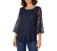 Star Vixen Women's Stretch Lace Bell-Sleeve Keyhole Back Cutout Top-Lined Blouse, Navy, Small Petite