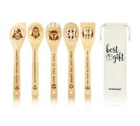 Star War Wooden Cooking Spoons Set with Cute Canvas Bag, 5Pcs Bamboo Non-Stick Cooking Utensils, Star War Kitchen Accessories Housewarming Gift for Men Women, Funny Birthday Christmas Gift for Friends