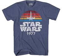 STAR WARS 1977 Logo Rainbow Sun X-Wing Classic Retro Vintage Adult Men's Graphic Tee Apparel T-Shirt (Premium Navy Heather, Large)