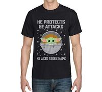 Star Wars Mandalorian, Protects And Attacks Adults Black T-Shirt - Small