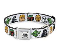 Star Wars Pet Collar, Dog Collar Metal Seatbelt Buckle, Star Wars 6 Character Faces White, 13 to 17 Inches 1.5 Inch Wide