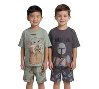 Star Wars The Mandalorian Boys Charcoal Grey Sage Green Pyjama Set | Multi-Pack of 2 Short Sleeve Shorts | Grogu Graphic Nightwear Merch - 3-4 Years