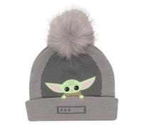 Star Wars: The Mandalorian Grogu Beanie - Grey Knit Hat with Grogu Applique Patch, Embroidered Text & White Furry Pom Pom - Officially Licensed Merchandise - Baby Yoda Winter Hat for Fans & Collectors