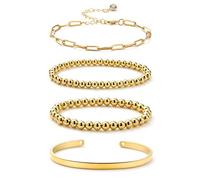 Starain Rose Gold Beaded Bracelets for Women 18K Gold Plated Beaded Ball Stackable Stretch Bracelet Gold Cuff Bangle Set, 6.5inch, Copper, No Gemstone