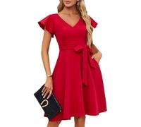 StarAneer Womens 2024 Elegant A Line Swing Ruffle Sleeve Casual Cocktail Party Dresses with Pockets, Red, XS