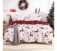 STARBEDIA Christmas Duvet Cover King, Soft Brushed Microfiber Comforter Cover Sets, Reindeer Printed Holiday Theme Bedroom Decorative Bedding (King Size, Red Plaid Deer)