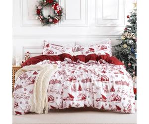 STARBEDIA Christmas Duvet Cover Queen, Soft Brushed Microfiber Comforter Cover Sets, Reindeer Printed Holiday Theme Bedroom Decorative Bedding (Queen Size, Christmas Boho Red)