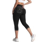 STARBILD Women's Capri Leggings with Pockets, Cropped Trousers High Waisted, Ruched Booty Lift 3/4 Length Tights, for Gym Yoga Workout Running Daily Leisure, Black L
