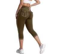 STARBILD Women's Capri Leggings with Pockets, Cropped Trousers High Waisted, Ruched Booty Lift 3/4 Length Tights, for Gym Yoga Workout Running Daily Leisure, Army Green XS