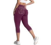 STARBILD Women's Capri Leggings with Pockets, Cropped Trousers High Waisted, Ruched Booty Lift 3/4 Length Tights, for Gym Yoga Workout Running Daily Leisure, Purple M