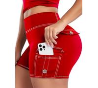 STARBILD Women's High Waisted Biker Shorts with Pockets 4.5'' - Tummy Control Booty Lifting Cycling Shorts for Workout, Yoga, Gym, Fitness, Chili Red M