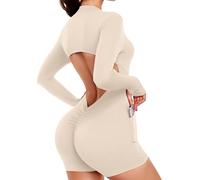 STARBILD Women's Short Jumpsuit with Pockets Backless V Scrunch, Long Sleeve with Thumb Holes, Front Zip Playsuits Cutout Back, One Piece Rompers Booty Lift with Removable Pads, Ivory XS