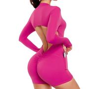 STARBILD Women's Short Jumpsuit with Pockets Backless V Scrunch, Long Sleeve with Thumb Holes, Front Zip Playsuits Cutout Back, One Piece Rompers Booty Lift with Removable Pads, Blush Pink M