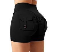 STARBILD Women's Sport Shorts Scrunch Bums with Cargo Pockets, No Front Seam Yoga Pants Opaque Butt Lifting, Tummy Control Summer Hot Pants Push Up for Workout Fitness Running, Black M