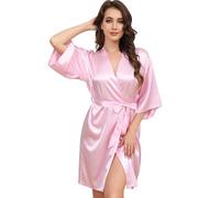 Starblazia Women's Satin Robe Dressing Gown Summer Silk Bridesmaids Robe Oblique V-Neck Short Style Bridal Dressing Gown for Women,S,Bright Pink