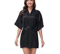 Starblazia Women's Satin Robe Dressing Gown Summer Silk Bridesmaids Robe Oblique V-Neck Short Style Bridal Dressing Gown for Women,L,Black