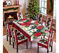 StarBlue-HGS Christmas Dining Room Waterproof Table Cloth and 6PC Elasticity Chair Cover Set, Festive Holiday Decorative Pattern, Red Jubilant Christmas Decor (Christmas Garland)