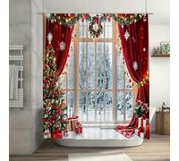 StarBlue-HGS Christmas Holiday Shower Curtain Winter Scene with Red Curtains and Tree Design Bathroom Decor Multiple Sizes (200×180cm shower curtain)