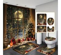 StarBlue-HGS Christmas Winter Scene Shower Curtain, Snow-Covered Trees, Full Moon, Design Fabric Bathroom Decor Multiple Sizes (4pc Full Set(180 * 180shower curtain+3pc toliet set))