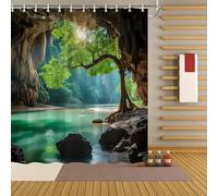 StarBlue-HGS Waterfall Garden Landscape Shower Curtain Green Forest Waterproof Polyester Bathroom Decor Multiple Sizes (180×180cm)
