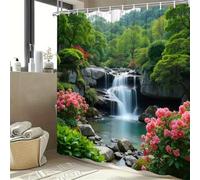 StarBlue-HGS Waterfall Nature Scene Shower Curtain, Scenic Forest Landscape with Pink Flowers Bathroom Decor Multiple sizes (150×180cm)