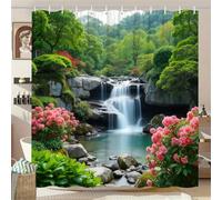 StarBlue-HGS Waterfall Nature Scene Shower Curtain, Scenic Forest Landscape with Pink Flowers Bathroom Decor Multiple sizes (120×180cm)