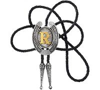 STARBRILLIANT Fashion Cowboy Western Tie Gold Initial A to Z Cowboy Bolo Tie with Silver Grey Horseshoe Pattern Edging (R)