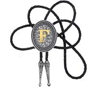 STARBRILLIANT Vintage Initial A to Z Cowboy Black Bolo Tie Carveing Flower with Cowhide Rope，Oval (F)