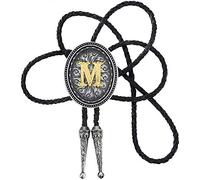 STARBRILLIANT Vintage Initial A to Z Cowboy Black Bolo Tie Carveing Flower with Cowhide Rope，Oval (M)