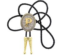 STARBRILLIANT Vintage Initial A to Z Cowboy Gold Bolo Tie Carveing Flower with Cowhide Rope，Oval (P)