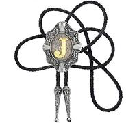 STARBRILLIANT Vintage Western Cowboy Tie Golden Initial A to Z Cowboy Bolo Tie with Gun Black European Retro Pattern Edging (J)