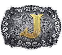 STARBRILLIANT Western Belt Buckles for Men A to Z Initial Letters Cowboy Belt Buckles with Cloud Roll Edging，Black Gray (J)