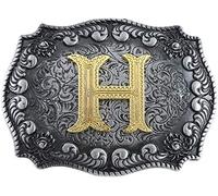 STARBRILLIANT Western Belt Buckles for Men A to Z Initial Letters Cowboy Belt Buckles with Cloud Roll Edging，Black Gray (H)