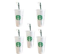 Starbucks 5 Pack Bundle - Reusable Frosted 24 oz Cold Cup with Lid and Green Straw w/Stopper