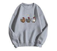 Stardew Valley Chicken Sweatshirt For Gamers Stand Out With Gaming Fashion Cozy & Cute Gaming Attire Cotton Sweatshirt Sweat Shirts Women Long Sleeve (Grey, S)