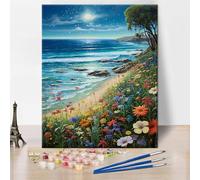 Stardust Beach Garden DIY Paint by Numbers Kit for Adults Enchanted Coastal Flora Scene Paint by Numbers Night Beach Paint by Numbers Kit Acrylic Painting Oil Painting Art Crafts 16"x20"Frameless