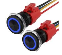 STARELO 2PCS 19MM 3/4" Latching Push Button Switch 5A 12V 1NO1NC SPDT ON/Off Waterproof Aluminum Black Shell with LED Ring with Wire Socket Plug (Blue).