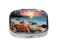 Starfish and Coral on Beach Print Metal Iron Plating Square Mini Pill Box Portable Pill Box for Home Traveling Purse