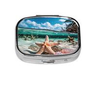 Starfish and Coral On Beach Print Square Metal Pill Box Decorative Pill Case - Carry Your Meds in Style (Rectangular)