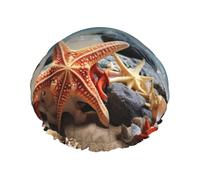 Starfish and Coral on Beach print Women's shower cap Reusable elastic shower cap Double-layer hair cap Shower cap