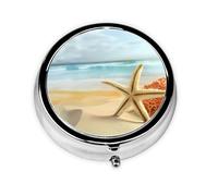 Starfish and Coral on Beach This Small, Round Pill Box is a Portable Travel Medicine Organizer with Three compartments for Storing Daily medications.