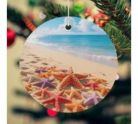 Starfish and Sand Christmas Ceramic Ornaments with Gold String - 2.8 Inch Round Double-Sided Porcelain Xmas Tree Decor for Fireplace Mantel, Farmhouse Winter Holiday Hanging Ornaments